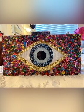 Multicolor Mosaic Evil Eye Crossbody/Clutch with Gold Accent and Gold Chain
